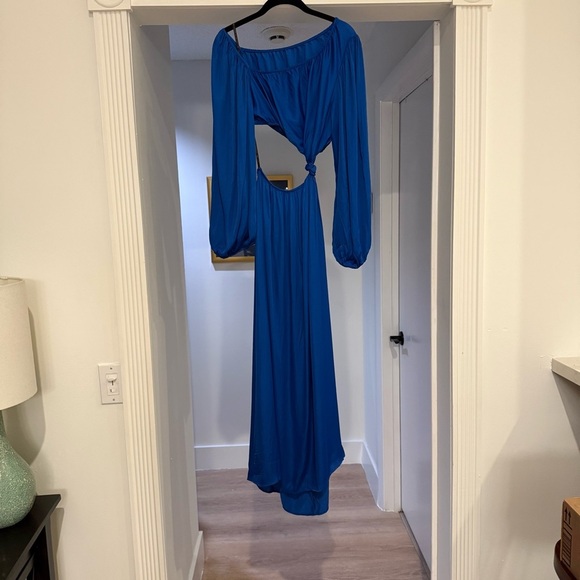 Farm Rio Blue Satin Long Sleeve Cut Out Knot Royal Blue Midi Dress Sz Small NWT - Picture 2 of 16